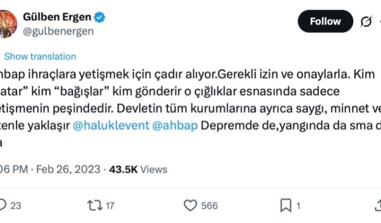 "AHBAPLAR SUÇ ÖRGÜTÜ" SORUŞTURMASINDA İFADE VEREN ÜNLÜLERİN GEÇMİŞTEKİ PAYLAŞIMLARI ORTAYA ÇIKTI HAYKO CEPKİN: "YOLLANAN YARDIMLARIN HESABINI VERECEKLERİNE İNANIYORUZ" MAHSUN KIRMIZIGÜL: "BAĞIŞTA BULUNMAK İSTİYORSANIZ AHBAP DERNEĞİNİN HESAPLARINA GÖNDEREBİLİRSİNİZ" ELÇİN SANGU: "GÖREVİNİ UNUTUP TİCARET YAPANA KIZALIM, CANLA BAŞLA YARDIM TOPLAYAN GÖNÜLLÜLERE KIZMAK SORU SORMAMI GEREKEN KISMI ISKALAMAYA SEBEP OLMASIN" GÜLBEN ERGEN: "AHBAP PLATFORMUNA YAPIN BAĞIŞLARINIZI. DEVLETİMİZDEN, ÇEVREMİZDEN, DÜNYADAN YARDIM İSTEMEKTEN, KÖY BAYIR GEZİP YALVARMAKTAN BEZDİK"