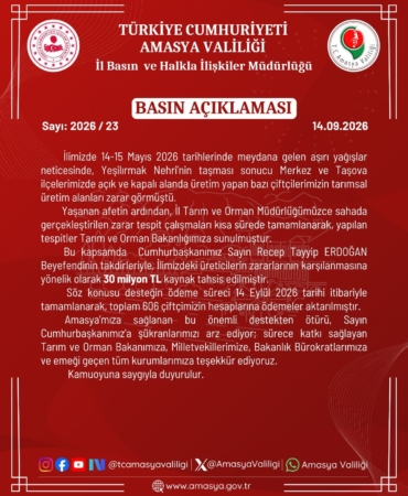 AMASYA'DA TAŞKINDAN ETKİLENEN ÇİFTÇİLERE 30 MİLYON TL ÖDEME YAPILDI