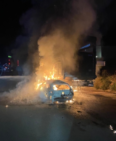 OTOMOBİL İLE BÜYÜKBAŞ HAYVAN YÜKLÜ TIRIN ÇARPIŞMASI SONUCU YANGIN ÇIKTI, 4 HAYVAN TELEF OLDU